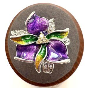 Sterling Silver 925 Enamel Orchid Statement CZ Accents Stones Ring Size 10